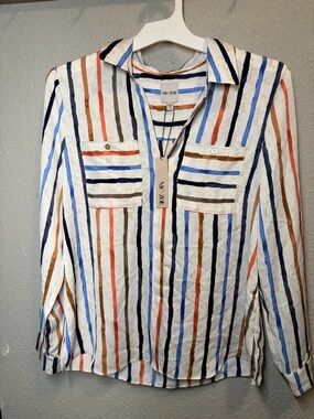 NIC+ZOE Striped Button Front Blouse NWT Size Small Lightweight Long Sleeve